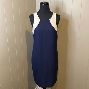 Z Banana Republic Sleeveless Sheath Dress Size 4 Stretch Slate Blue White